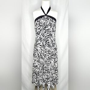 BCBGMAXAZRIA Abstract Design Halter A-Line Midi Dress Black & White Size L